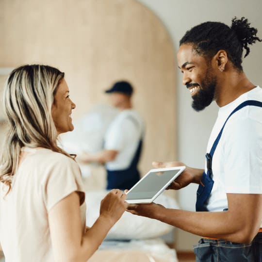 Client recevant un service personnalisé de garde-meubles à Lyon avec Grospiron