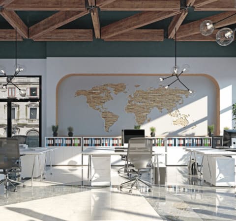 Bureau d’entreprise avec carte du monde, symbole de relocation internationale gérée par Grospiron