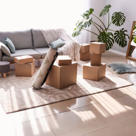 Salon avec cartons prêts pour stockage temporaire avec Grospiron