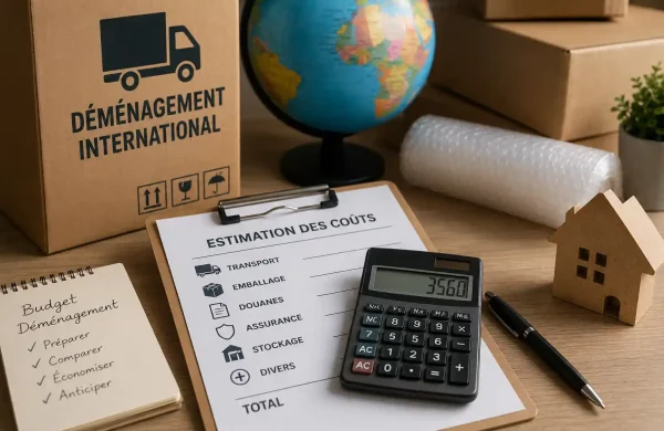 Estimation du coût d’un déménagement international avec cartons, calculatrice, globe et liste des frais à prévoir