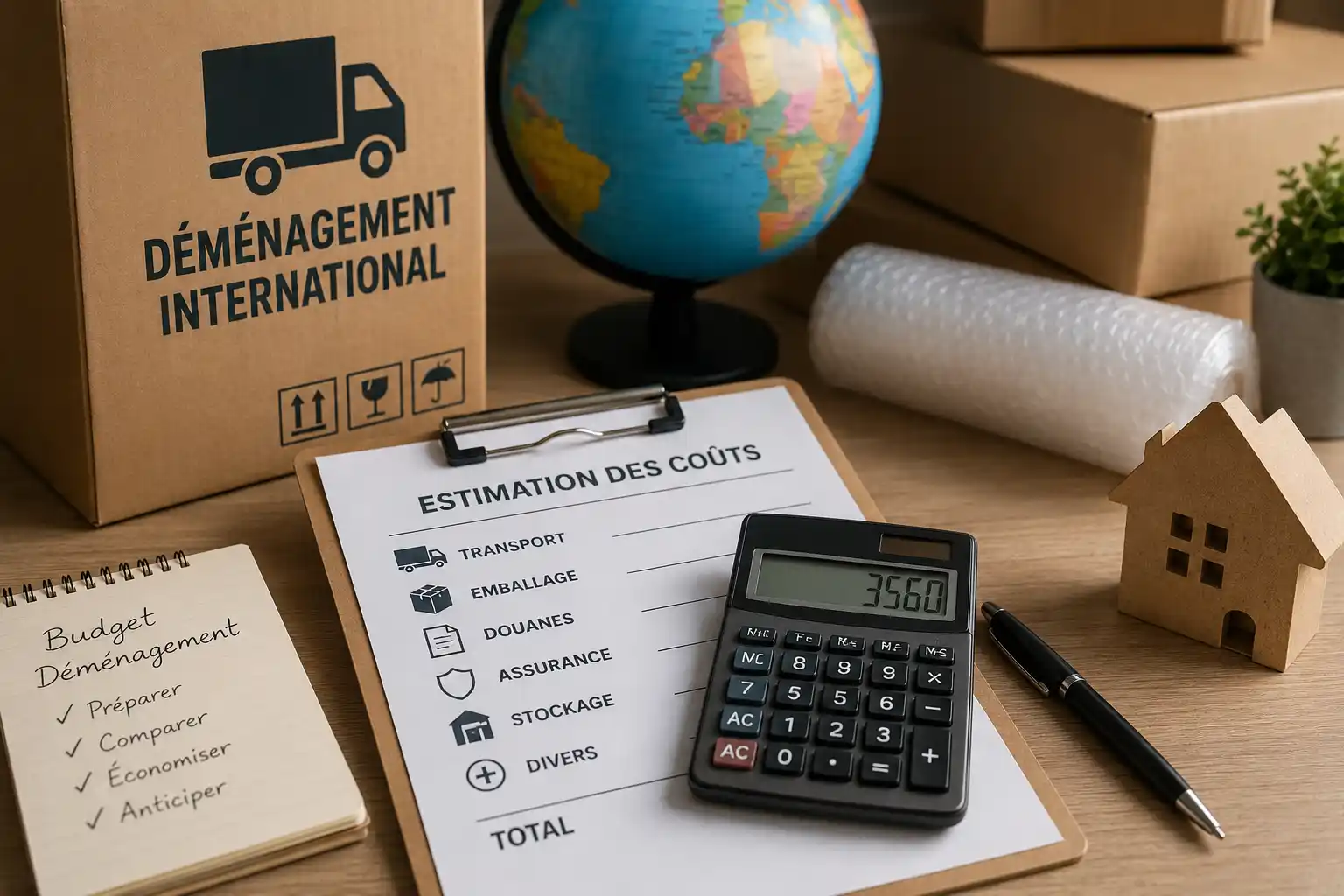 Estimation du coût d’un déménagement international avec cartons, calculatrice, globe et liste des frais à prévoir