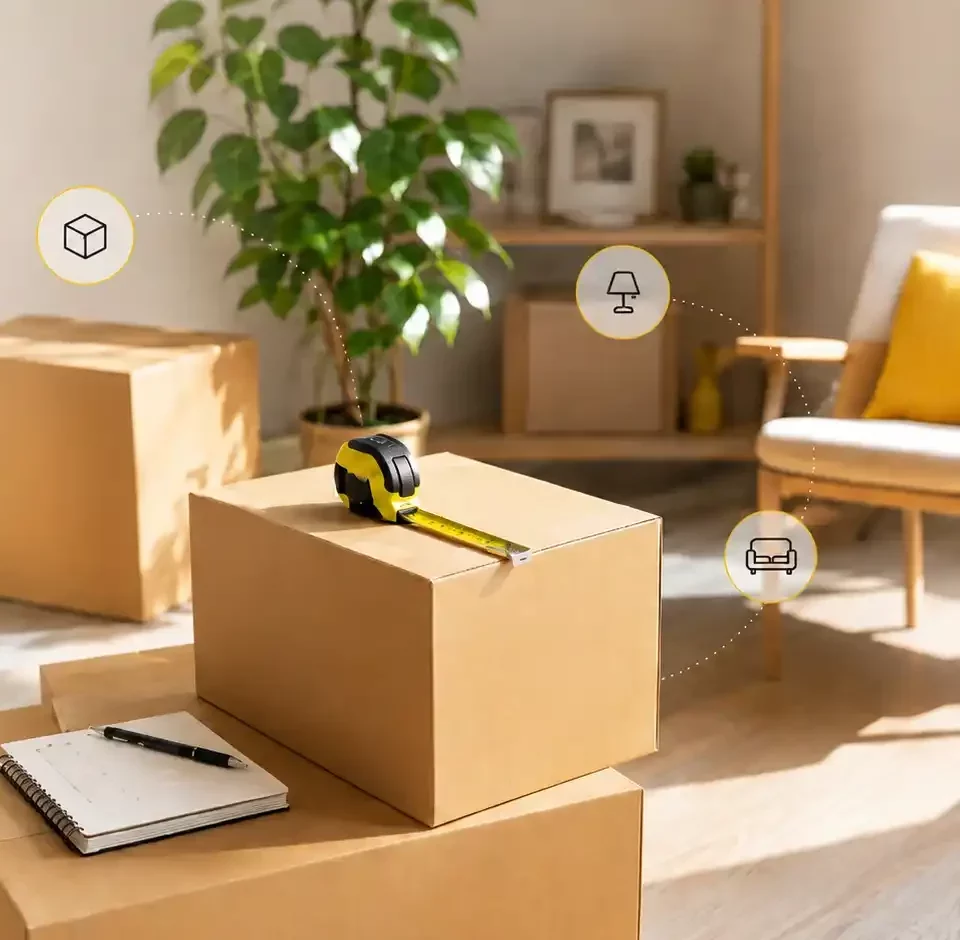 Cartons de déménagement avec mètre ruban dans un intérieur, illustrant le calcul du volume des meubles et objets.