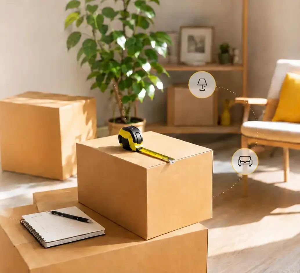 Cartons de déménagement avec mètre ruban dans un intérieur, illustrant le calcul du volume des meubles et objets.